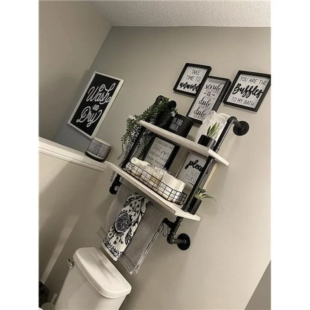 Pipe Shelving Bathroom Pipe Shelves with Towel Bar,2 Tier 24 inch Retro White